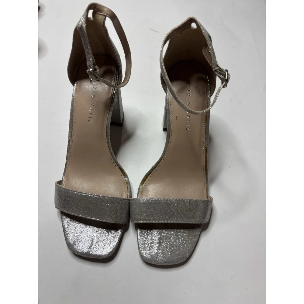 Kelly And Kate Glitter Silver Block Heel Ankle Strap Heels Women's 9M Going Out